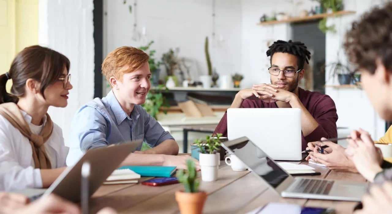 Team works collaboratively in a pleasant space